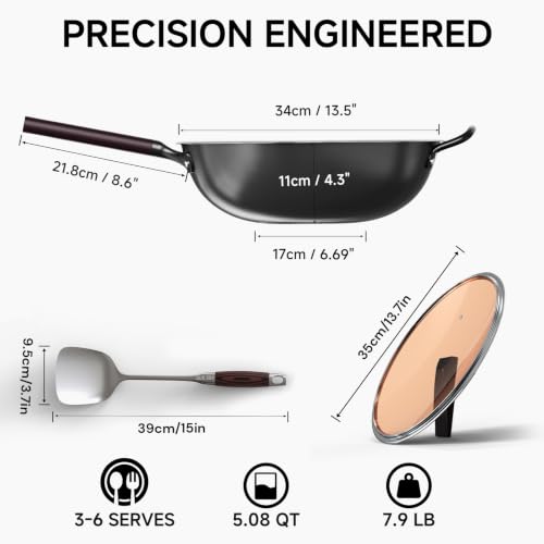 Pre-Seasoned Flat Bottom Carbon Steel Wok with Lid & Spatula - 13.5" - Sumeiguan Variation 1