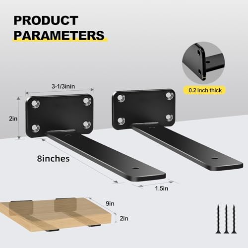 Black 12 Pack 8-Inch Heavy Duty Hidden L Shelf Brackets - Rustic Industrial Steel Support