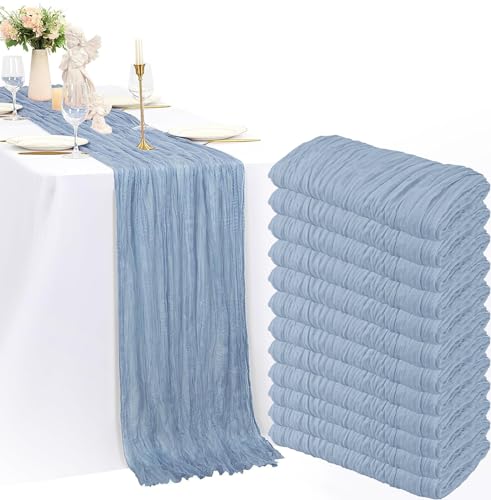 PWDAN 12 Pack Dusty Blue Cheesecloth Table Runner 35x120 Inch Boho Rustic Decor