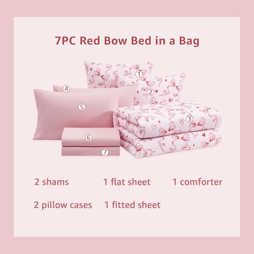 AMBERSPACE Red Bow & Heart Full Comforter Set for Girls - 7 Pieces, Aesthetic Bed in a Bag