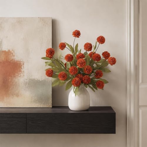 Artificial Fall Pompon Mum Stems - 12 Orange Silk Flowers for Vase Decor, 27 Inches - Creative Autumn Home Decor