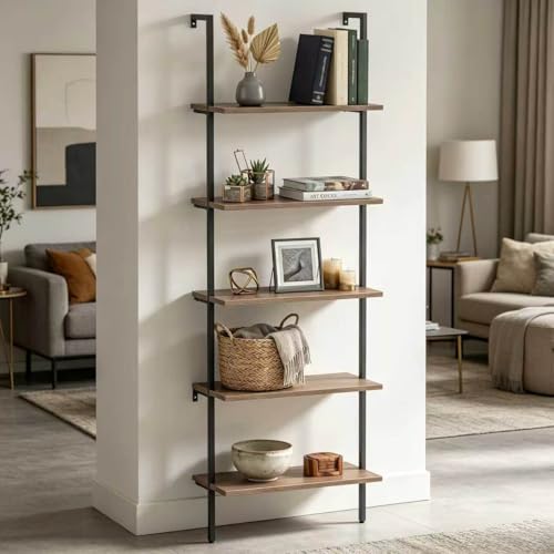 5-Tier Wall-Mounted Ladder Shelf - Brown Industrial Bookshelf, 23.6in