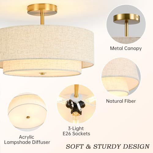 Outiron 16-Inch Gold Semi-Flush Mount Ceiling Light with Dual Drum Design