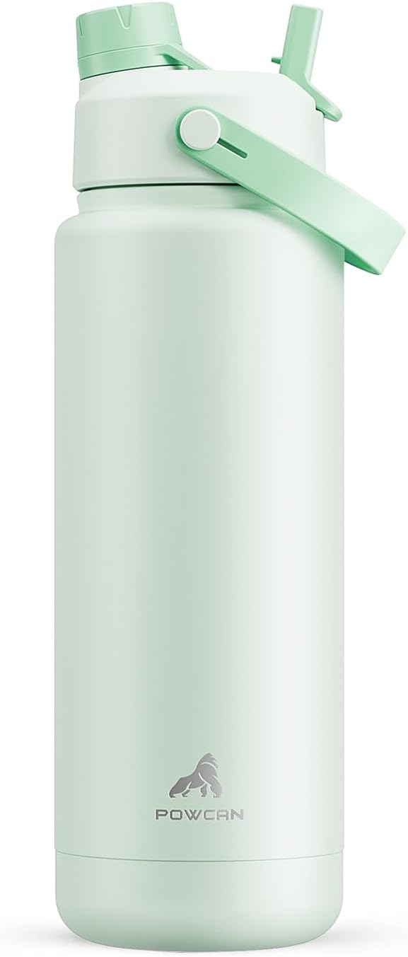 POWCAN 32 oz Insulated Water Bottle - 2-in-1 Straw & Spout Lid | Keeps Drinks Cold 24H, Leak-Proof, BPA-Free (Mint)