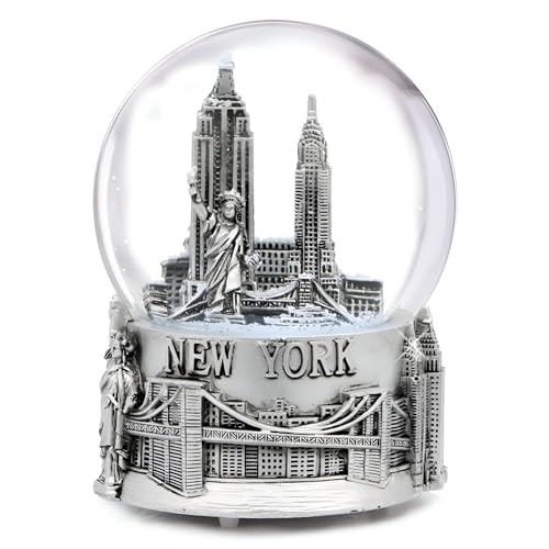 Musical Silver New York City Snow Globe with Sculpture Base [5.5 Inch]