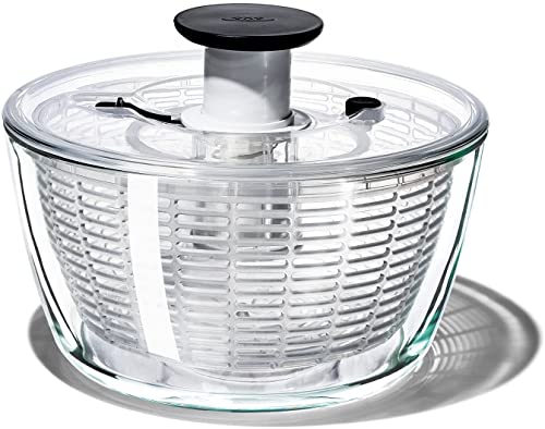 Large Glass Salad Spinner - Borosilicate Bowl with One-Handed Pump & Colander