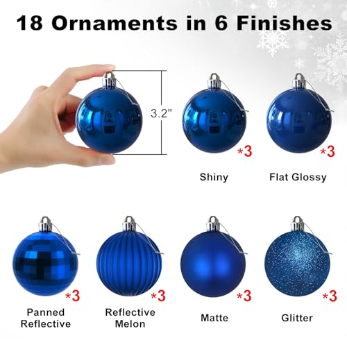 Royal Blue Christmas Balls 3.2 Inch - Set of 18 Shatterproof Holiday Ornaments