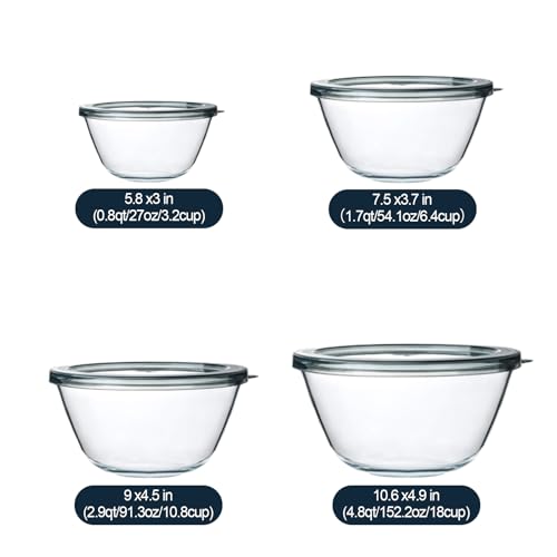 M MCIRCO 4-Pack Glass Mixing Bowls with Lids Set, 0.8 to 4.8 Qt, BPA-Free