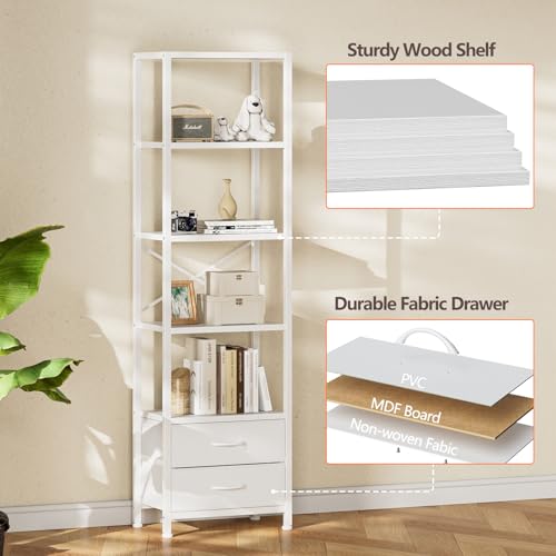 Furnulem White 5-Tier Corner Shelf with Drawers - Tall Narrow Bookshelf