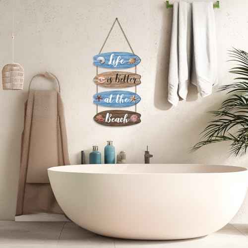 4pcs Beach Bathroom Wall Decor, Blue Wooden Surfboard Coastal Hanging Plaques Inspirational Quote Signs Ornaments for Bedroom Living Room 11.4x3.9 in