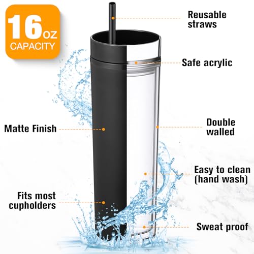 Potchen 16 oz Black Skinny Tumblers Bulk Set with Lids & Straws - 30 Pack