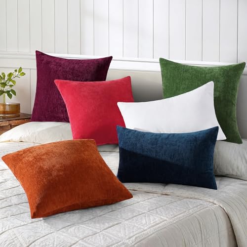 DecorUhome Christmas Red Throw Pillow Covers 16x16 Inches Set of 2 - Soft Chenille Home Decor