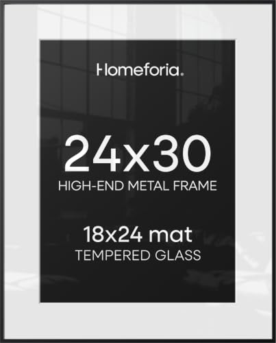 Homeforia 24x30 Black Picture Frame, High-End Metal, 18x24 Mat, Glass