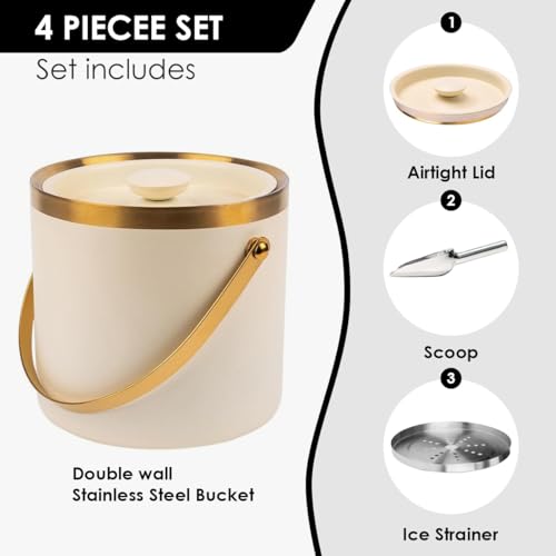 Beige-White 3L Double Wall Insulated Stainless Steel Ice Bucket with Scoop - Party Bar Accessory