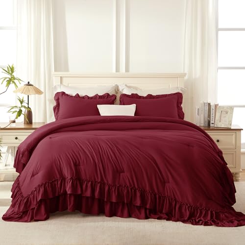 Burgundy Ruffle Comforter Set Queen Size - 3 Pieces