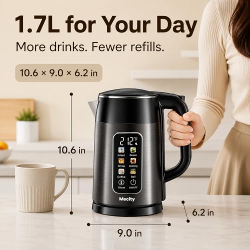 Mecity 1.7L Touch Screen Electric Kettle with Temperature Control, No Plastic Contact, Dark Grey & Black