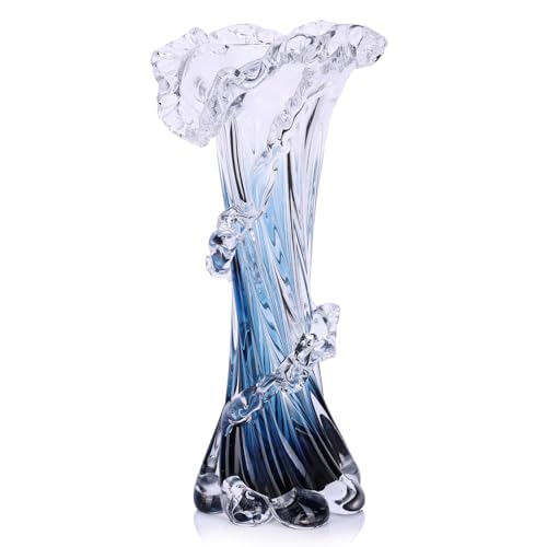Oiruim Large Hand Blown Blue Glass Vase Ocean Wave Design - Coastal Home Decor