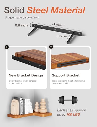BATODA Acacia Wood Corner Floating Shelves Set of 2 17x12 Inch Wall Mount Storage