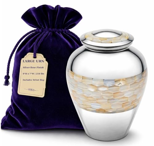 Silver Mother of Pearl Cremation Urn for Adult Ashes Large 9 Inch - Handcrafted Memorial Urn with Variations