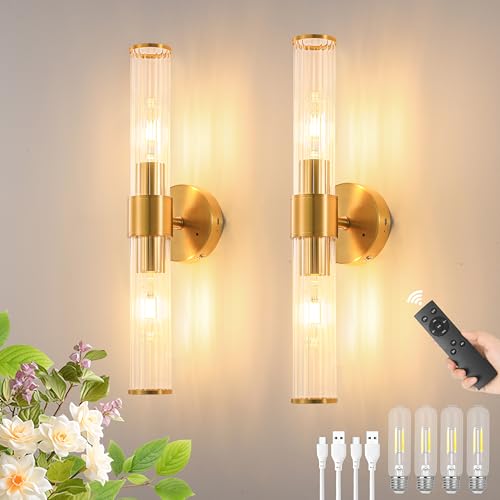 Gold Battery Operated Wall Sconces Set of Two Dimmable Rechargeable Lighting with Remote