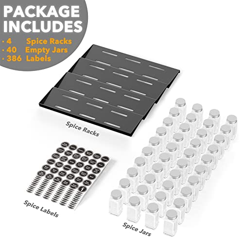 SpaceAid 40 Jars Spice Drawer Organizer with 386 Labels 4-Tier Rack - 18.5" Wide
