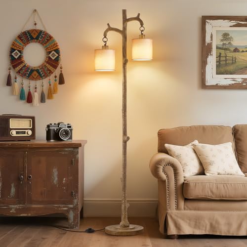 Brown Farmhouse Floor Lamp with 2 Reading Lights - Rustic Tree Trunk Style - 69 Inch Standing Lamp for Living Room & Bedroom