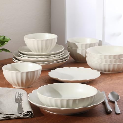 Cream White Malibu Shore 16-Piece Dinnerware Set for 4, Scalloped Edge Stoneware