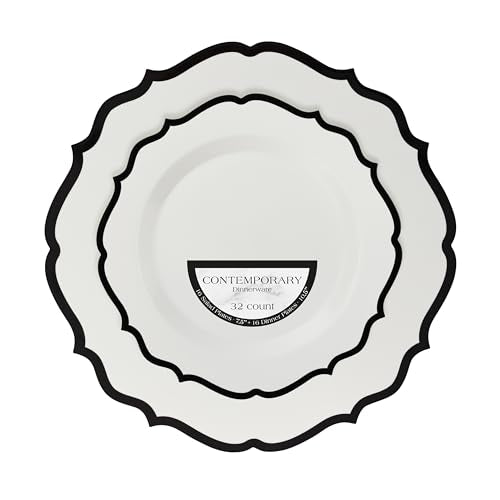 PLASTICPRO 128 Pack Disposable Plastic Plates Set - Elegant White & Black Contemporary Design, Includes 64 Dinner & 64 Salad Plates
