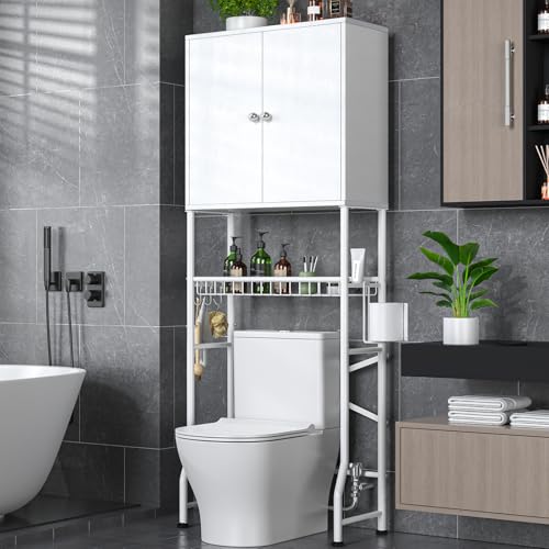 White Over-The-Toilet Bathroom Storage Cabinet with Privacy Doors