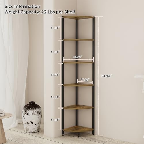 Rustic Brown 6-Tier Corner Shelf with LED Lights - 65 Inch Tall Narrow Storage Rack