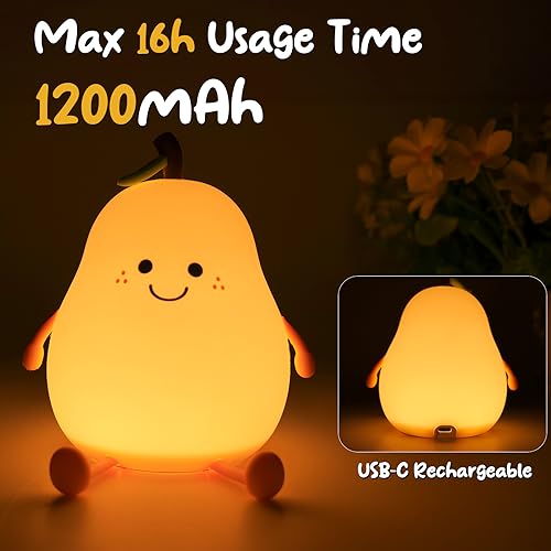 Night Light Pear Cute LED Nursery Nightlight Lamp, Tap Control Squishy Silicone, USB Rechargeable Bedside Lamp for Bedroom, Warm White & 7 Colors, Christmas Gift