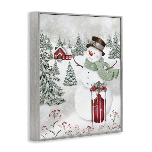 Stupell Cheerful Snowman Holly 16 x 20 Framed Giclée Print, Farmhouse Gray