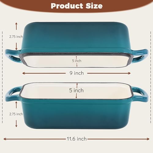 Teal Cast Iron Loaf Pan with Lid 9x5 Inch Bread Baking Pan - Articasting