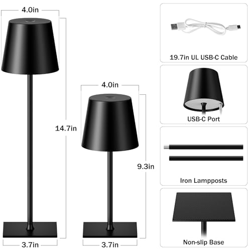 Kakanuo 2 Pack Cordless Rechargeable Table Lamps with Touch Dimming, 5000mAh Battery, Night Light for Dining & Camping - Black-1/2 Pack