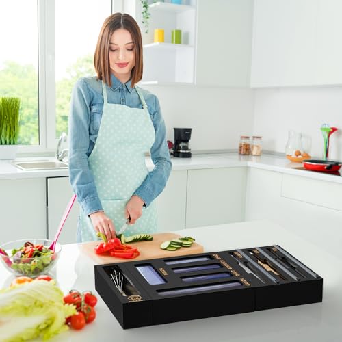 Black 9 Slots Bamboo Drawer Organizer with Wrap Dispenser & Bag Storage