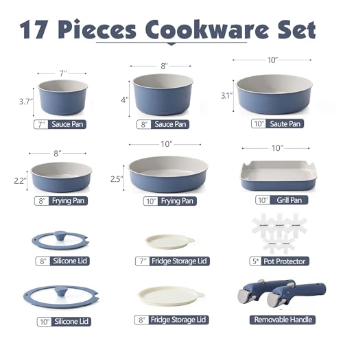 Navy 17-Piece Ceramic Non-Stick Cookware Set with Removable Handles