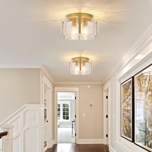Xeruyiwa 15-Inch Gold Semi Flush Mount Ceiling Light - Dimmable 3-Light Drum Glass Fixture