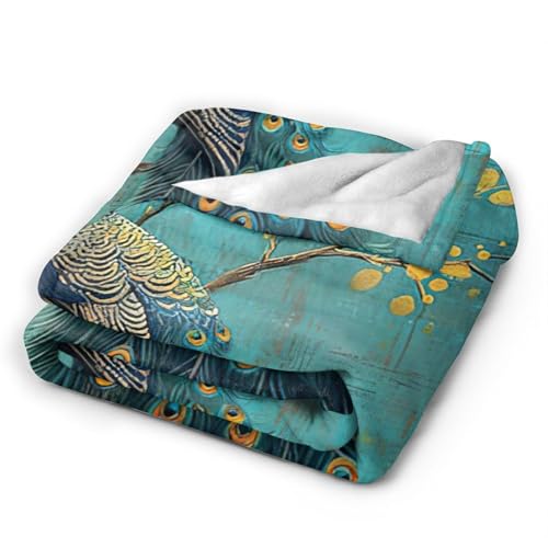 Peacock Throw Blanket - Teal Peacock Stuff Decor Merch Cozy Flannel Soft Warm Plush Lightweight Bedding - Gifts for Boys, Men, Sofa & Couch - 50"X40"
