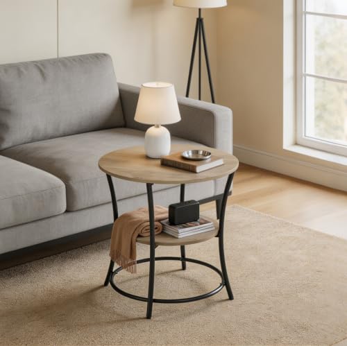 WLIVE Light Grey 2-Tier Round End Table Steel Frame Small Space Living Room Nightstand