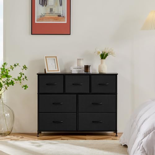 Black 7-Drawer Fabric Dresser with Bins - Space-Saving Bedroom Storage, 39.4 x 11.8 x 30 inches