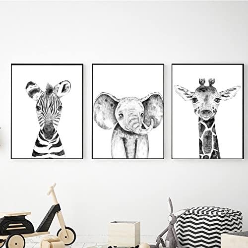 Safari Animals Wall Art Prints Set of 3-11x14 - Unframed - Zebra, Giraffe, Elephant Baby Animals Artwork - Decor for Nursery, Kids Room Decoration