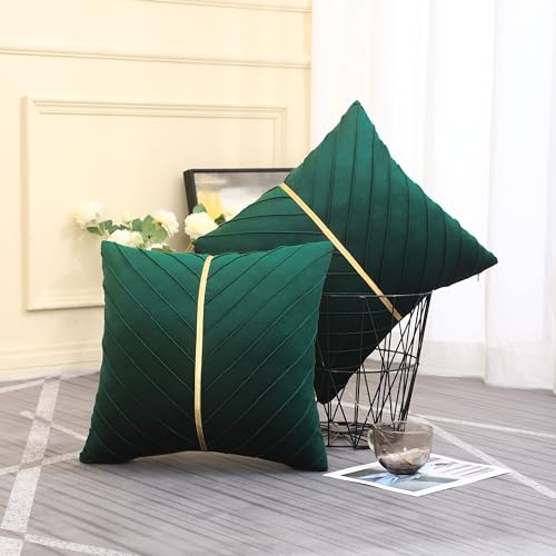 Dark Green Velvet Pillow Covers 20x20 Inch Pack of 2 with Gold Accents - Tosleo