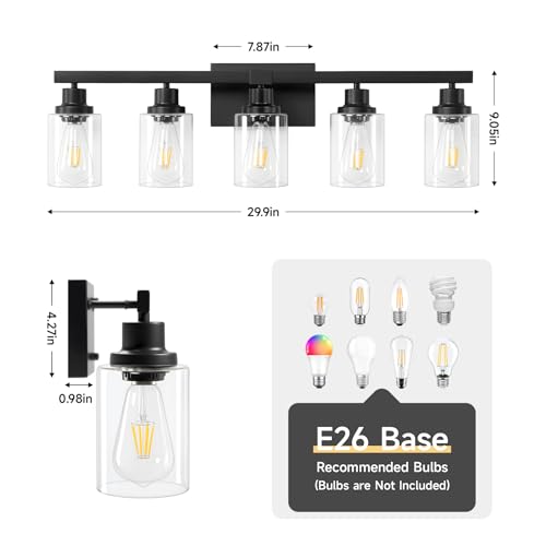 5-Light Black Bathroom Vanity Light, Modern Lighting Fixture for