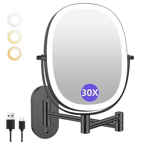Rechargeable Wall Mounted Lighted Makeup Mirror - Black, 30x Magnification