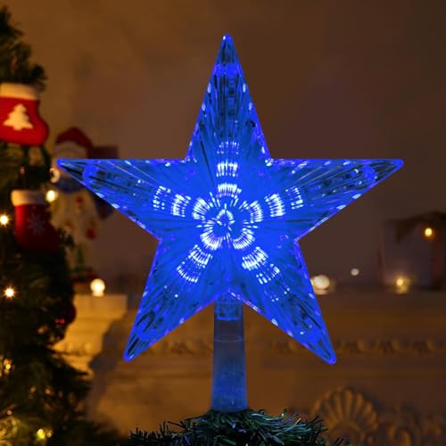 DERAYEE Blue 9 Inch LED Christmas Tree Topper with 6H Timer Battery Operated