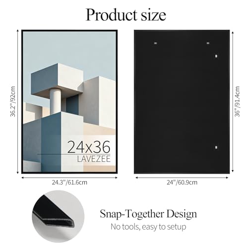 Lavezee 24x36 Black Poster Frame 3-Pack - Easy Slide-In, Tool-Free Assembly, Plastic