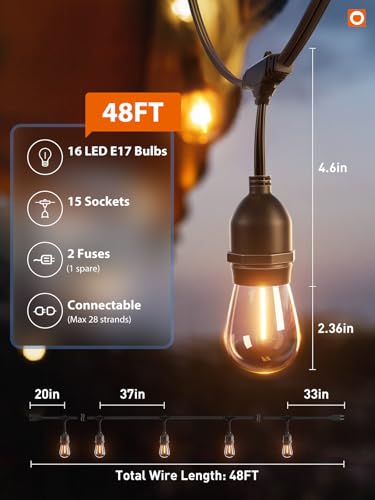 Addlon 48FT Black Outdoor String Lights with Vintage Edison Bulbs - Weatherproof ETL