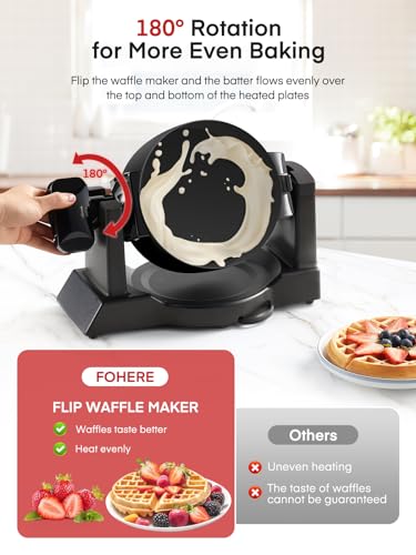 FOHERE Black Double Belgian Waffle Maker 180° Flip, 8 Slices, 1400W