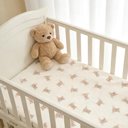 Organic Cotton Baby Crib Bedding Set with Bear Pattern - 3 Piece Nursery Quilt and Fitted Sheet, Toddler Bed Decor