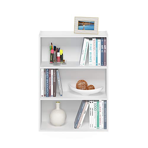Furinno PASIR 3-Tier White Book Shelf - Wide Storage Organizer for Living Room & Home Office